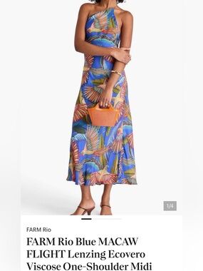 FARM Rio Blue Macaw-Print One-Shoulder Midi Dress